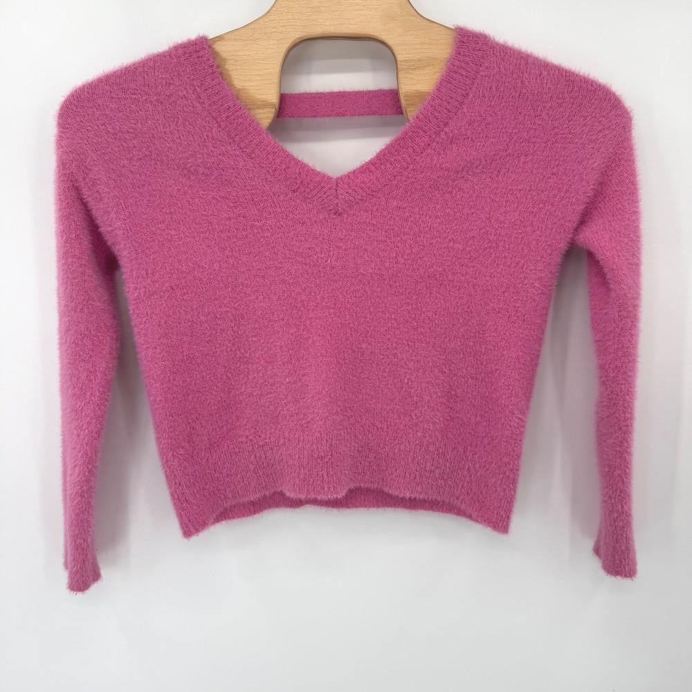 Jessica Simpson Sweater Women S Pink Fuzzy Eyelash Knit Cropped V-Neck Strap